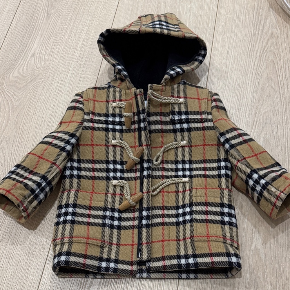 Burberry Tan Plaid Kids Duffle Coat Sz 12 months